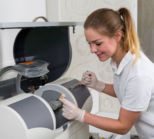 Dental team member preparing ceramic milling unit