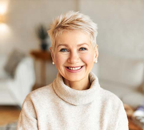 Older woman in turtleneck sweater smiling
