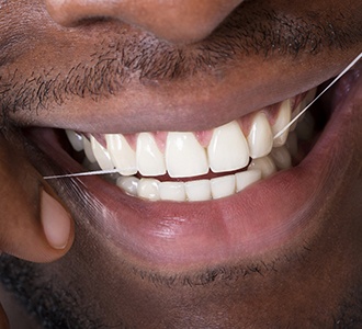closeup of man flossing teeth
