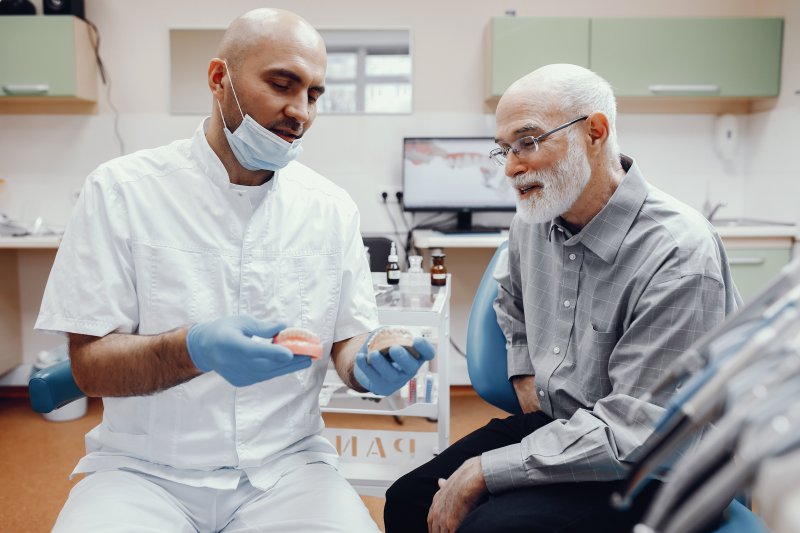 Patient talking about dentures with their dentist